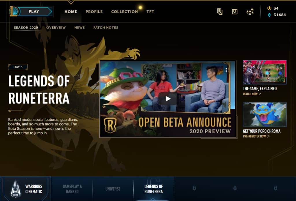 Announcement for Open Beta for Legends of Runterra by Riot Games