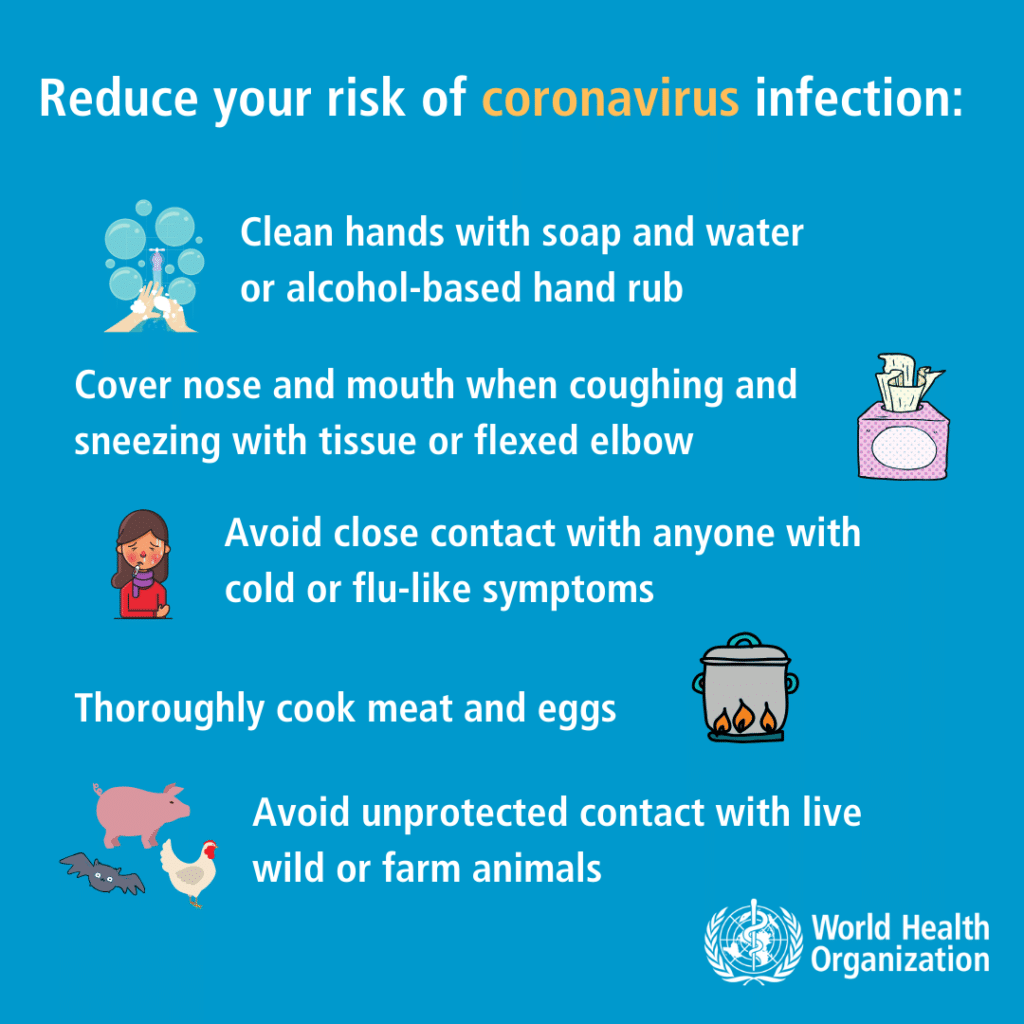 Coronavirus prevention and risk reduction advice from WHO