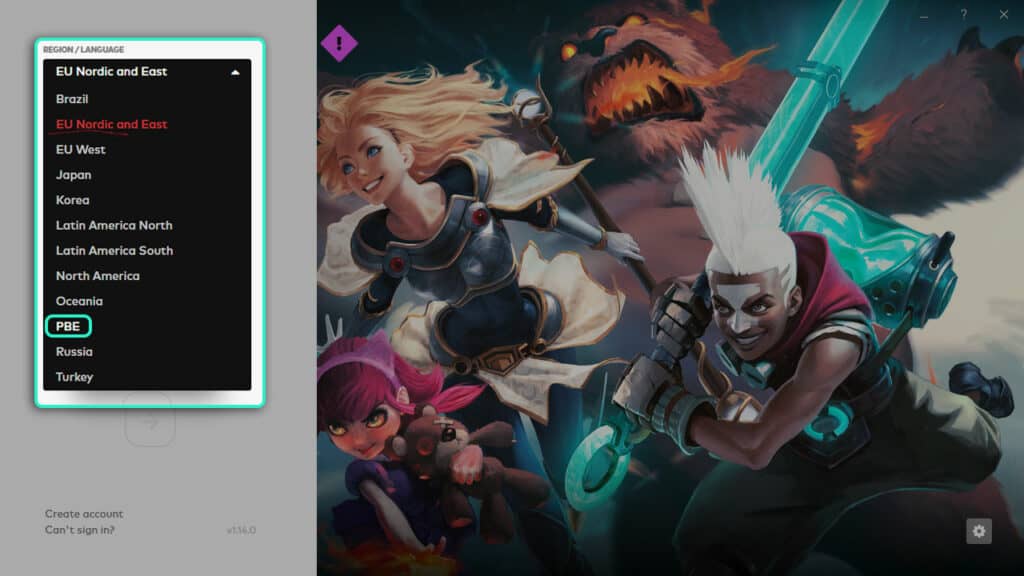 Switching to PBE server in League of Legends launcher.